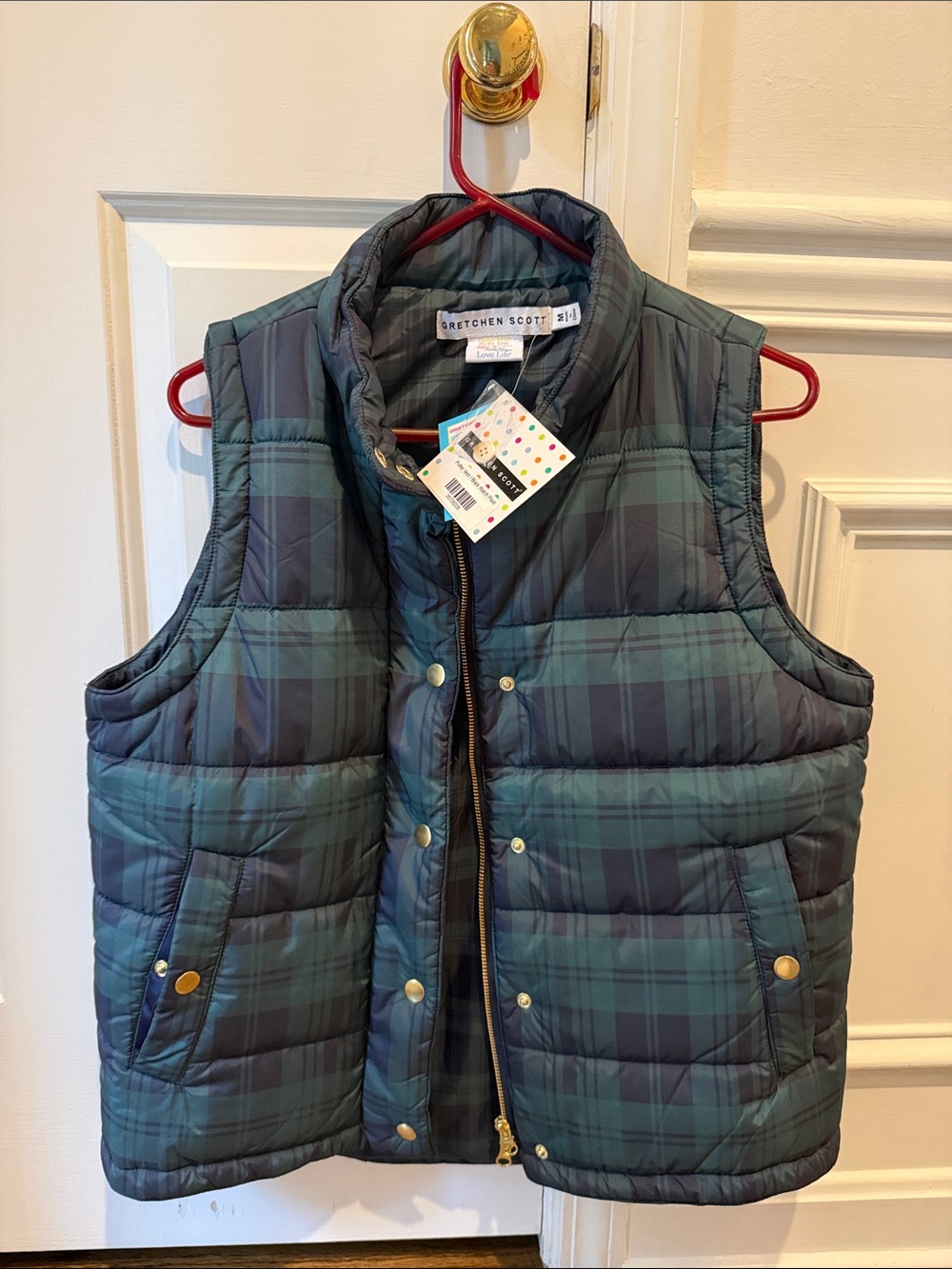 Gretchen Scott Designs Green & Navy Plaid Quilted Puffer Vest